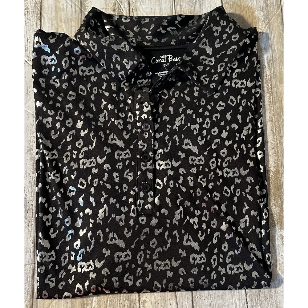 EUC Coral Bay Golf Black And Silver Foil Leopard Print Polo Size Large